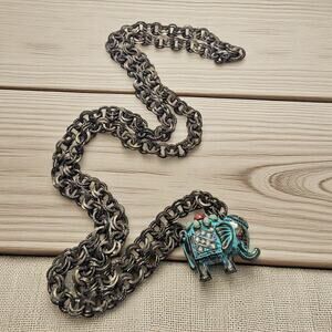 ANTHROPOLOGIE Distressed Blue Elephant Necklace With Rhinestone Crystals Boho